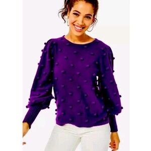 LILLY PULITZER Kippa Pom Pom Sweater Bobble Knit Medium Purple Puff Sleeves